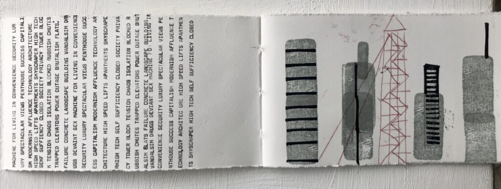 High Rise artist book, rubber stamping, monoprint and typing 10cm high x 18cm long closed £30