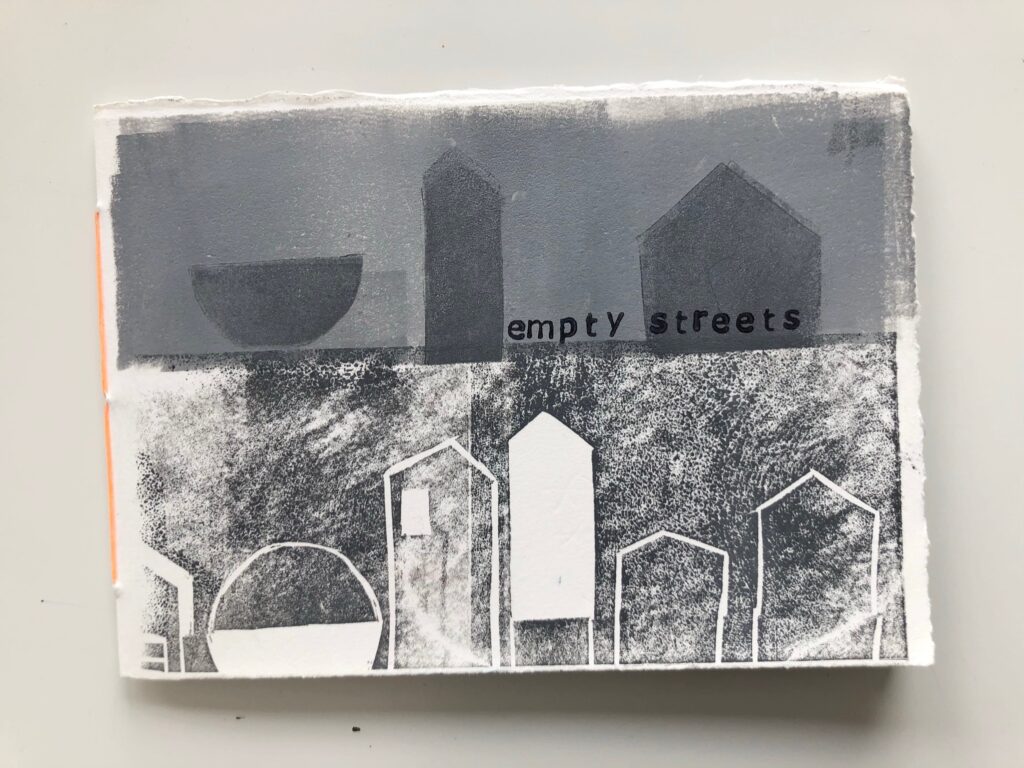 Empty Streets. Artist book, Lino print and rubber stamping on Somerset Satin white paper. Six pages plus front and back cover. £40